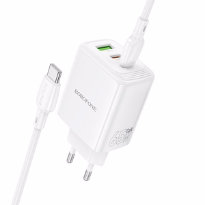 Borofone sienas lādētājs BN32 Cargador GaN - USB + 2xType C - QC 3.0 PD 65W ar Type C uz Type C balts