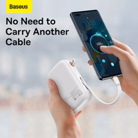 Baseus Qpow ar digitālo indikatoru portatīvais lādētājs ar ātru uzlādi 20000mAh 22.5W QC/PD/SCP/FCP ar iebūvētu USB-C kabeli balta