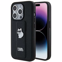 Karl Lagerfeld Gripstand Saffiano Choupette Pins viedtālruņa apvalks iPhone 14 Pro Max - melns