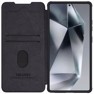Nillkin Qin Pro viedtālruņa apvalks Samsung Galaxy S25 Ultra ar vāciņu un kameras pārsegu - Melns