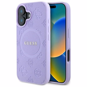 Guess Saffiano Peony Classic Logo Magnētiskais viedtālruņa apvalks iPhone 16 Plus - violets