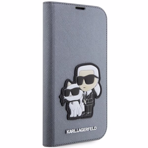 Karl Lagerfeld KLBKP14LSANKCPG iPhone 14 Pro 6.1" grāmatas tipa apvalks sudraba Saffiano Karl & Choupette
