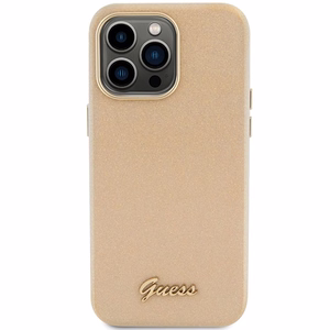 Guess Mirdzošs glancēts uzraksts apvalks iPhone 15 Pro - zelta
