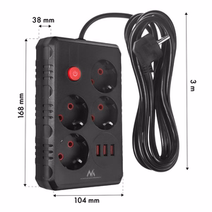 Maclean MCE393 B pagarinātājs ar 4 kontaktligzdām un 3 USB pieslēgvietām, 110–240 V AC, 50/60 Hz, 2,1 A, maks. 2500 W, 3 m, melns