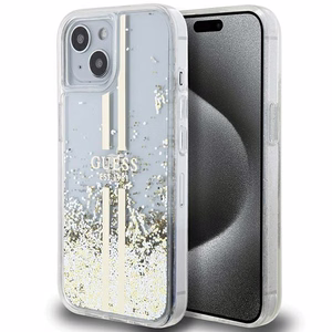 Guess Liquid Glitter Gold Stripes viedtālruņa apvalks iPhone 15 Plus / 14 Plus - caurspīdīgs