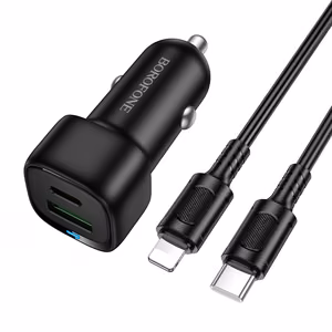 Borofone Auto lādētājs BZ34B Cloud - USB + C tipa - QC 3.0 PD 38W ar C tipa Lightning kabeli melns
