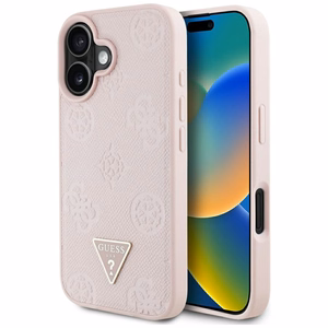 Guess Grained Hot Stamp Peony trīsstūra logotipa magnētiskais viedtālruņa apvalks iPhone 16 - rozā