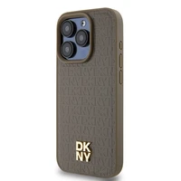 DKNY Ādas monogrammas raksta metāla logotips Magnētiskais viedtālruņa apvalks iPhone 15 Pro - brūna