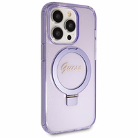 Guess Magnētiskā viedtālruņa apvalks ar gredzena statīvu Script Glitter MagSafe iPhone 14 Pro Max - violeta