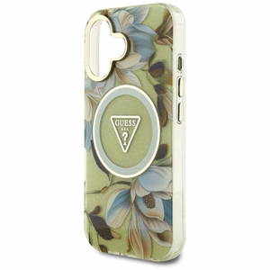 Guess Glitter Flowers Triangle Buttons Magnētiskais viedtālruņa apvalks iPhone 16 - zaļš