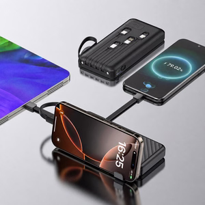 Wozinsky W11-B 10000mAh 10W portatīvais lādētājs ar iebūvētiem kabeļiem un lukturīti - melns