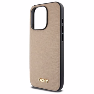 DKNY Grained Metal Logo Magnētiskais iPhone 15 Pro viedtālruņa apvalks - bēšs