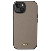 DKNY Grained Metal Logo Magnētiskais iPhone 15 viedtālruņa apvalks - bēšs