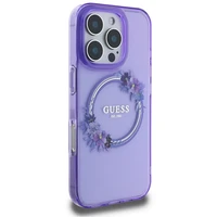 Guess IML Ziedu vainaga Magnētiskais viedtālruņa apvalks iPhone 16 Pro - violetains