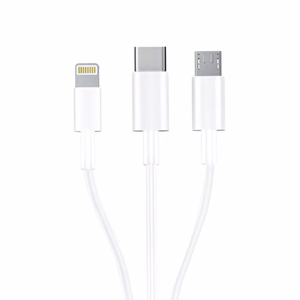 3mk 3-in-1 kabelis USB-A - microUSB / Lightning / USB-C 1.2m 20V/2.4A 15W, balts