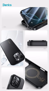 Benks Montage magnētiskais Armor Pro Kevlar apvalks ar metāla rāmi 600D+1500D (MF65) iPhone 16 Pro melns (ar kameras vadības pogu)