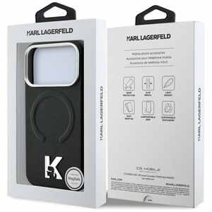 Karl Lagerfeld Grained Embossed Ring & Kameo Logo vāciņš modelim iPhone 18 Pro Max / 17 Pro Max, saderīgs ar MagSafe – melns