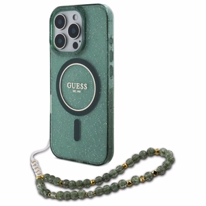 Guess IML Glitter With Pearl Strap Magnētiskais viedtālruņa apvalks MagSafe iPhone 16 Pro Max - zaļš