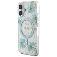 Guess Viedtālruņa apvalks ar sveķu ziediem un spīdumiem Magnētiskais iPhone 16 - caurspīdīgs zaļš