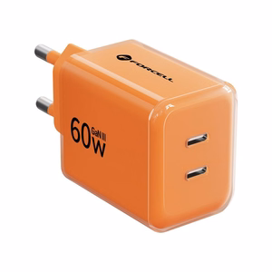 Tālruņa lādētājs Forcell F-Energy GaN III Crystal Color, 2x USB C, AVS, SSFC3.0, 60W + silikona kabelis USB C uz USB C VT-60, oranžs