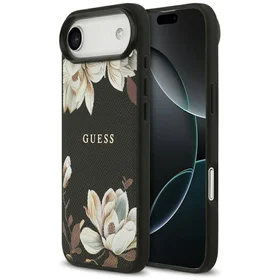 Guess Grained Flowers Classic Logo MagSafe viedtālruņa apvalks iPhone Air - melns