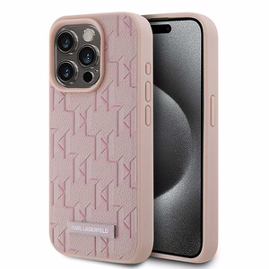 Karl Lagerfeld ādas monogrammas metāla logotips viedtālruņa apvalks iPhone 15 Pro Max - rozā