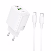 Borofone Lādētājs BN29 USB + Type C - QC 3.0 PD 30W ar Type C uz Type C kabeli balts