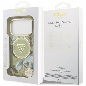 GUESS viedtālruņa apvalks IPHONE 17 Pro Max, saderīgs ar MagSafe GUHMP17XHFLPEDN (IML metāla spīdīgie ziedi trīsstūris) zaļš