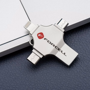 FORCELL F-DATA USB zibatmiņa Metal Quad 128GB USB3.2 Gen 1 (USB A / Type C / Lightning / Micro USB) sudraba