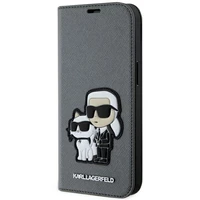 Karl Lagerfeld KLBKP14SSANKCPG iPhone 14 6.1" grāmatas tipa apvalks sudraba Saffiano Karl & Choupette