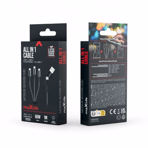 Maxlife ALLin1 kabelis USB + USB-C - Lightning + 2x USB-C 1,0 m 66W melns