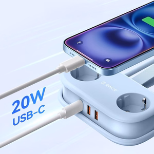 Orico AP3 20W GaN 5in1 strāvas sadalītājs 2x AC + 2x USB-A + 1x USB-C - zils