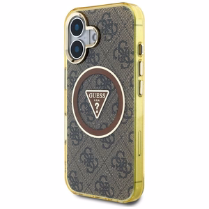 Guess IML Metal Glitter 4G Circle Triangle magnētiskais viedtālruņa apvalks iPhone 16 - brūns