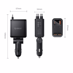Orico Twin Reach 45W USB-A + USB-C auto lādētājs ar diviem izvelkamiem USB-C kabeļiem - melns