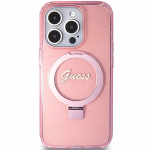 Guess viedtālruņa apvalks ar statīvu Ring Stand Script Glitter magnētiskais iPhone 15 Pro - rozā
