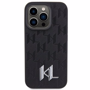 Karl Lagerfeld ādas monogramma karsts zīmogs metāla logotips viedtālruņa apvalks iPhone 15 Pro - melns