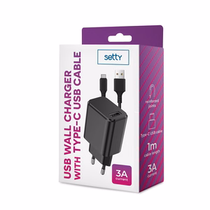 Setty lādētājs 1x USB 3A melns + USB-C kabelis 1,0 m