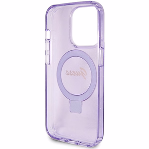 Guess viedtālruņa apvalks ar statīvu Ring Stand Script Glitter magnētiskais iPhone 15 Pro - violets