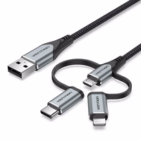 Vention USB 2.0 A Male to 3-in-1 Micro-B&USB-C&Lightning Male Cable 1M pelēks Aluminum Alloy Type