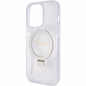 Guess viedtālruņa apvalks ar statīvu Ring Stand Script Glitter magnētiskais iPhone 15 Pro - caurspīdīgs