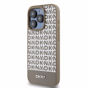 DKNY Ādas drukāts raksta metāla logotips Magnētiskais viedtālruņa apvalks iPhone 15 Pro Max - brūns