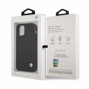 BMW ādas apvalks ar iespiešanu iPhone 12 Pro Max - melns