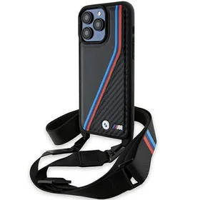 BMW M Edition oglekļa trīskrāsu līnijas un siksna viedtālruņa apvalks iPhone 15 Pro Max - melns