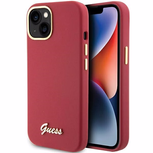 Guess silikona viedtālruņa apvalks ar metāla logo un rāmi iPhone 15 - sarkans