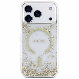 Guess Resin Bottom Glitter MagSafe maciņš, paredzēts iPhone 18 Pro / 17 Pro, zeltains