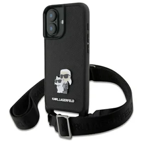 Karl Lagerfeld Saffiano Karl&Choupette Metal Pin CBDY siksna iPhone 16 viedtālruņa apvalks – melns
