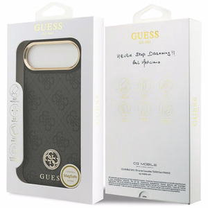 GUESS magnētiskais viedtālruņa apvalks IPHONE 17 Air, savietojams ar MagSafe GUHMP17MP4GRMDEK (PU apvalks ar 4G Strass logotipu) melns