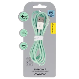 Blavec Kabelis Candy pīnēts - USB uz Type C - PD 60W 3A 3 metri Apple CarPlay/Android Auto (CCA-UC3GN30) zaļš