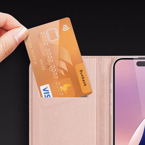 Dux Ducis Skin Pro viedtālruņa apvalks iPhone 16 Pro Max ar atveramu vāciņu un karšu nodalījumu - rozā