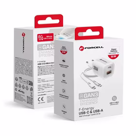 FORCELL F-ENERGY Crystal Color GaN III VT-41 ceļojumu lādētājs ar silikona kabeli, ar 1 x Type C + 1x USB A pieslēgvietām, PD QC4.0 33W balts